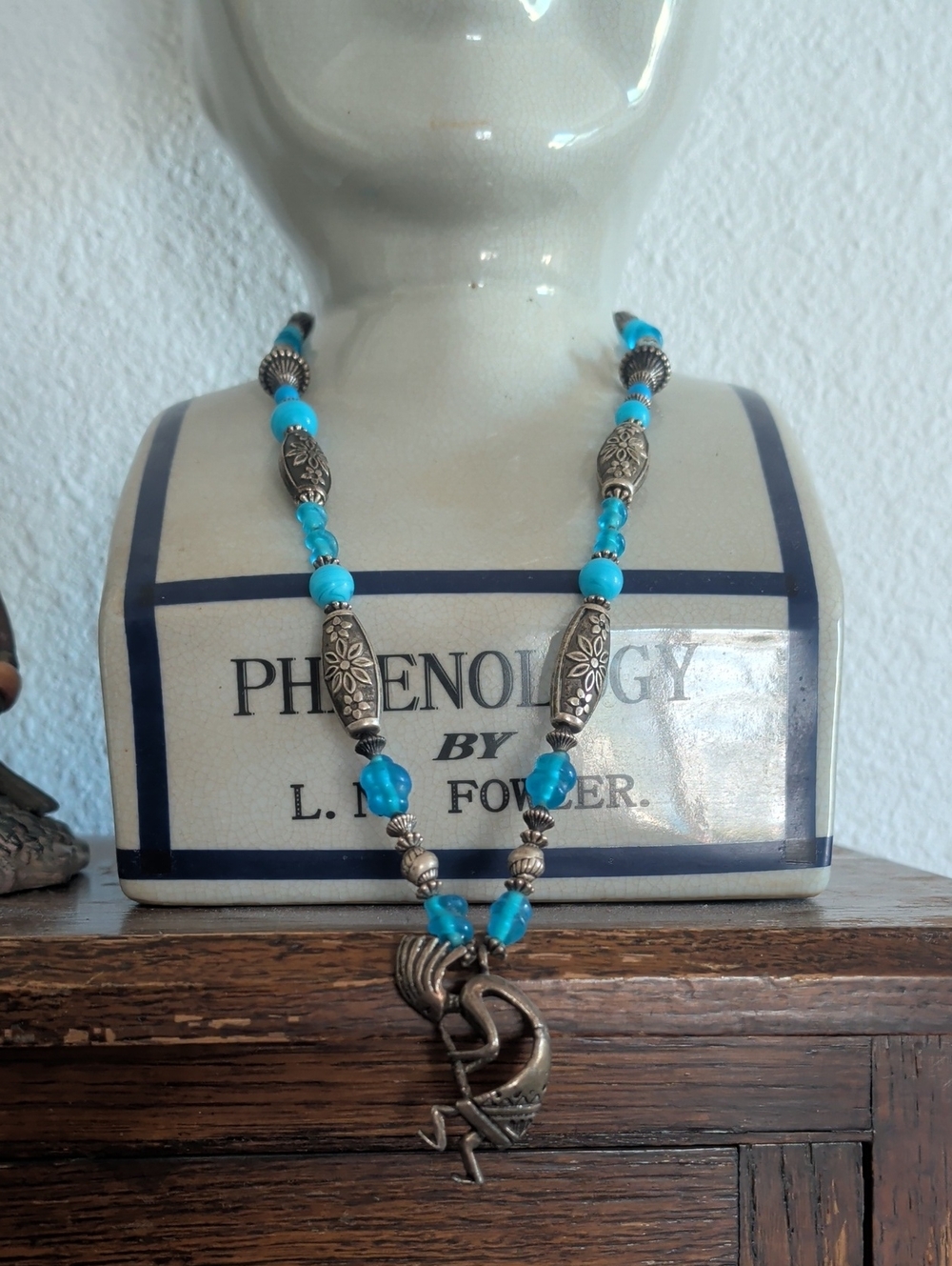 Vintage Turquoise Bead Silver Pendant Necklace - Unbranded